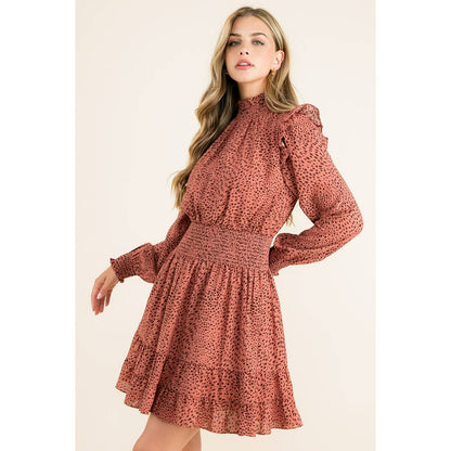 Smock Neck Ruffle Dress: MAUVE / L