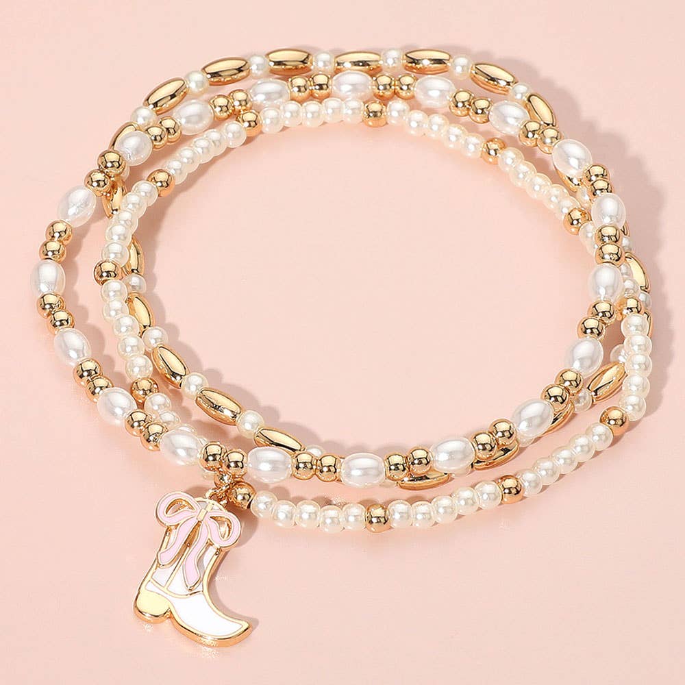 3PCS - Enamel Bow Cowboy Boot Pearl Beaded Multi Layered Bracelet: Gold,Hot Pink