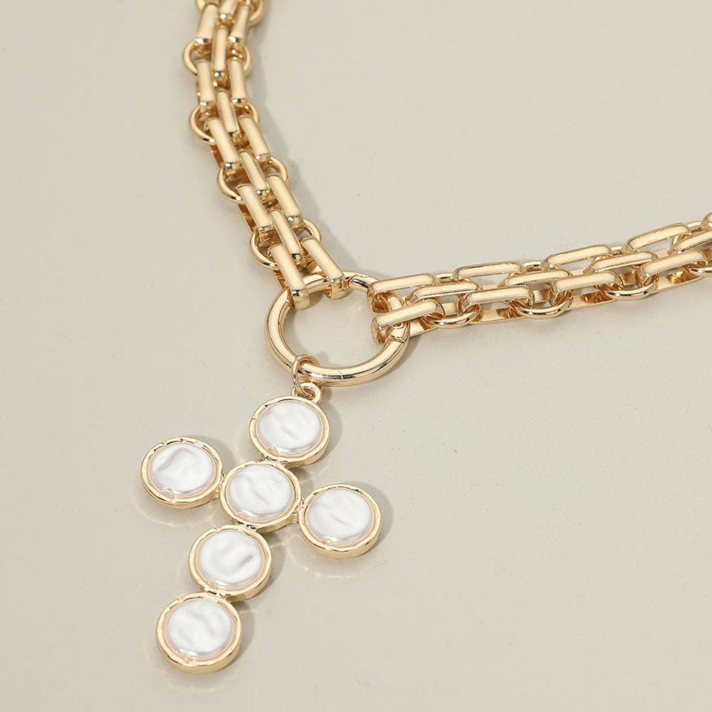 Pearl Cross Charm Pendant Chunky Chain Statement Necklace