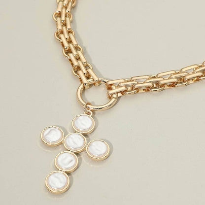 Pearl Cross Charm Pendant Chunky Chain Statement Necklace