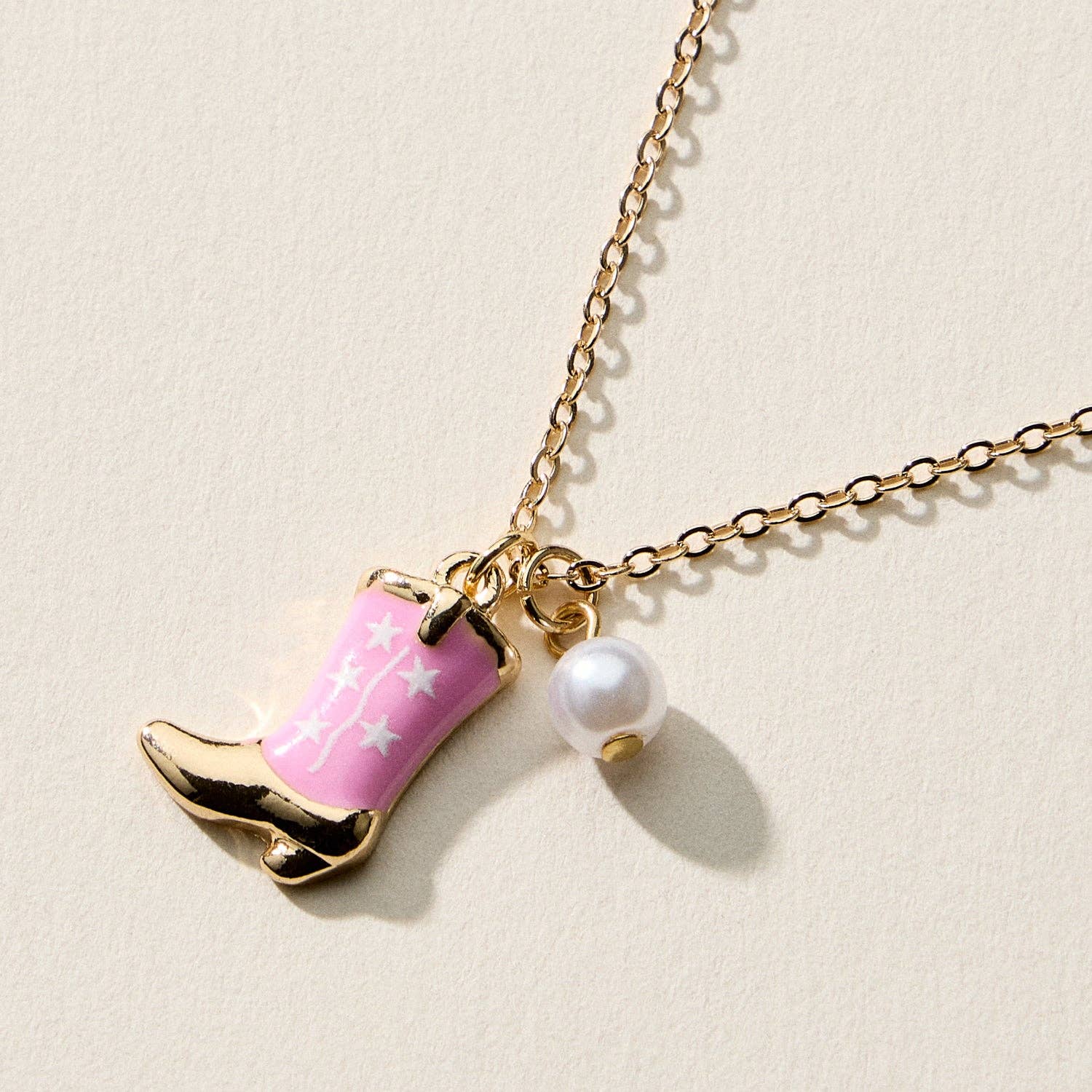 Necklace – Cowboy Boot Pendant with Printed Detail &amp; Pearl Accent: PINK