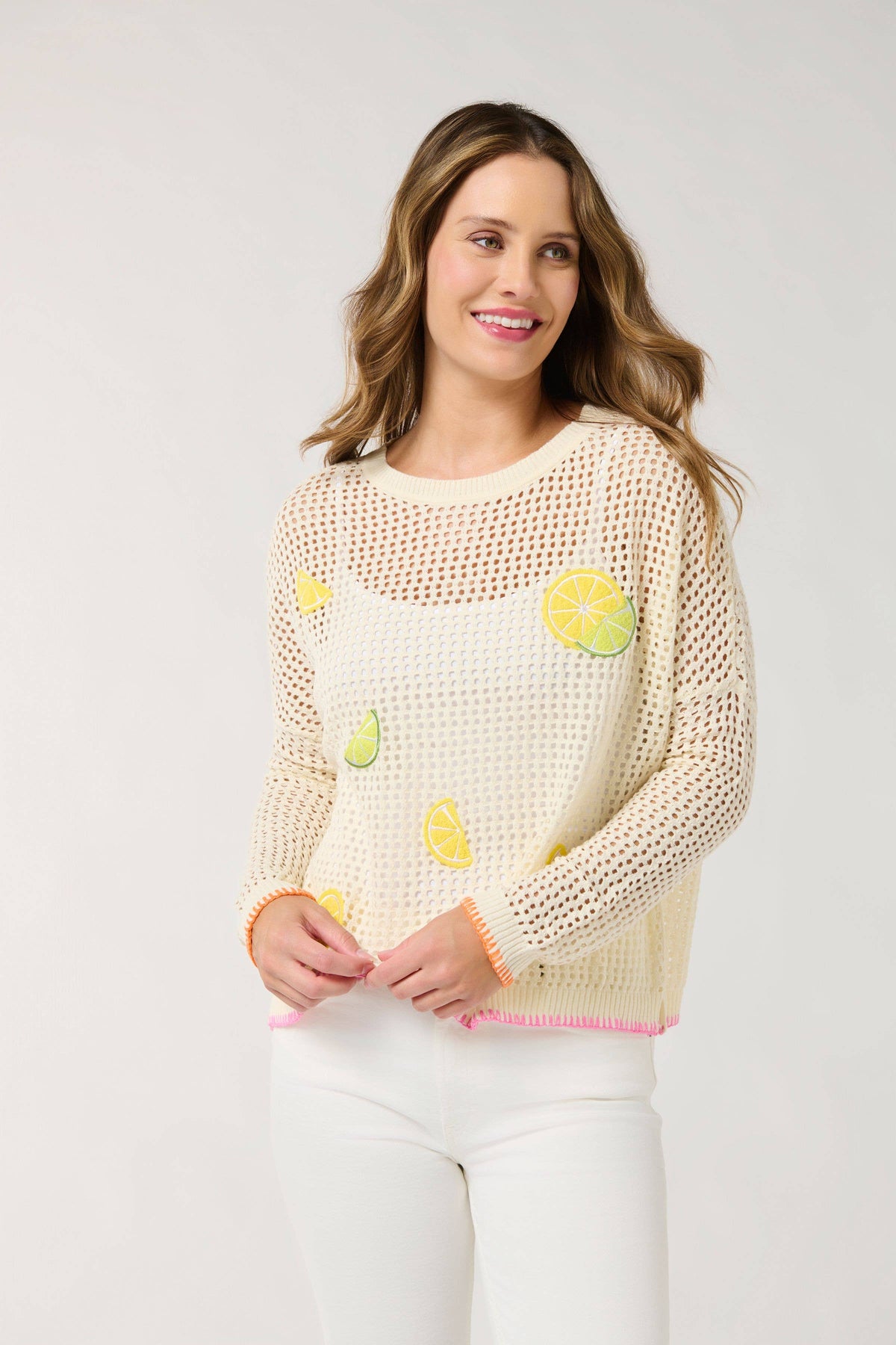 SHIRALEAH CITRUS MESH SWEATER: SIZE LARGE
