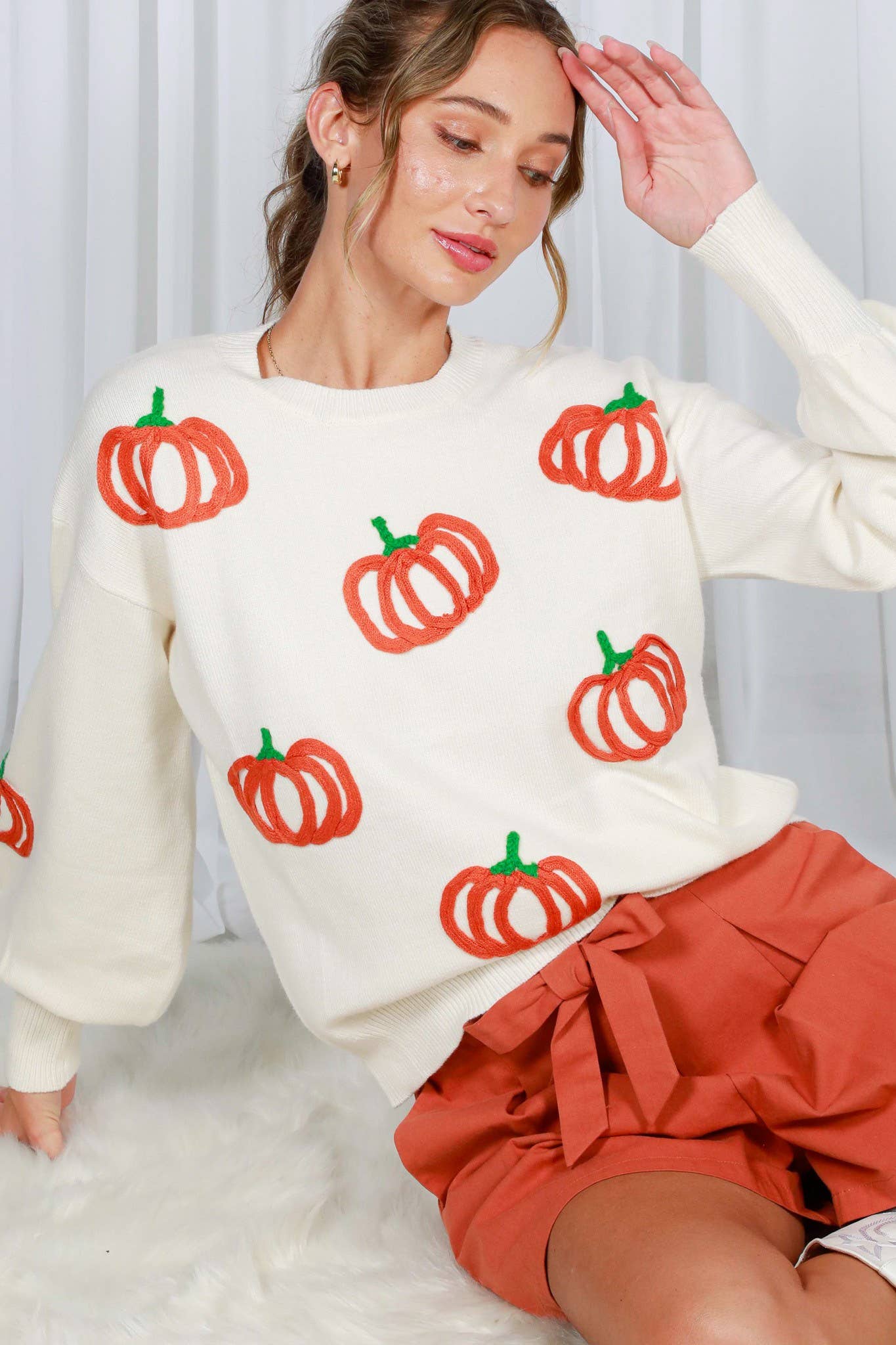 Pumpkin Embroidered Crew Neck Knitted Sweater Top VT82559: Pumpkin / L