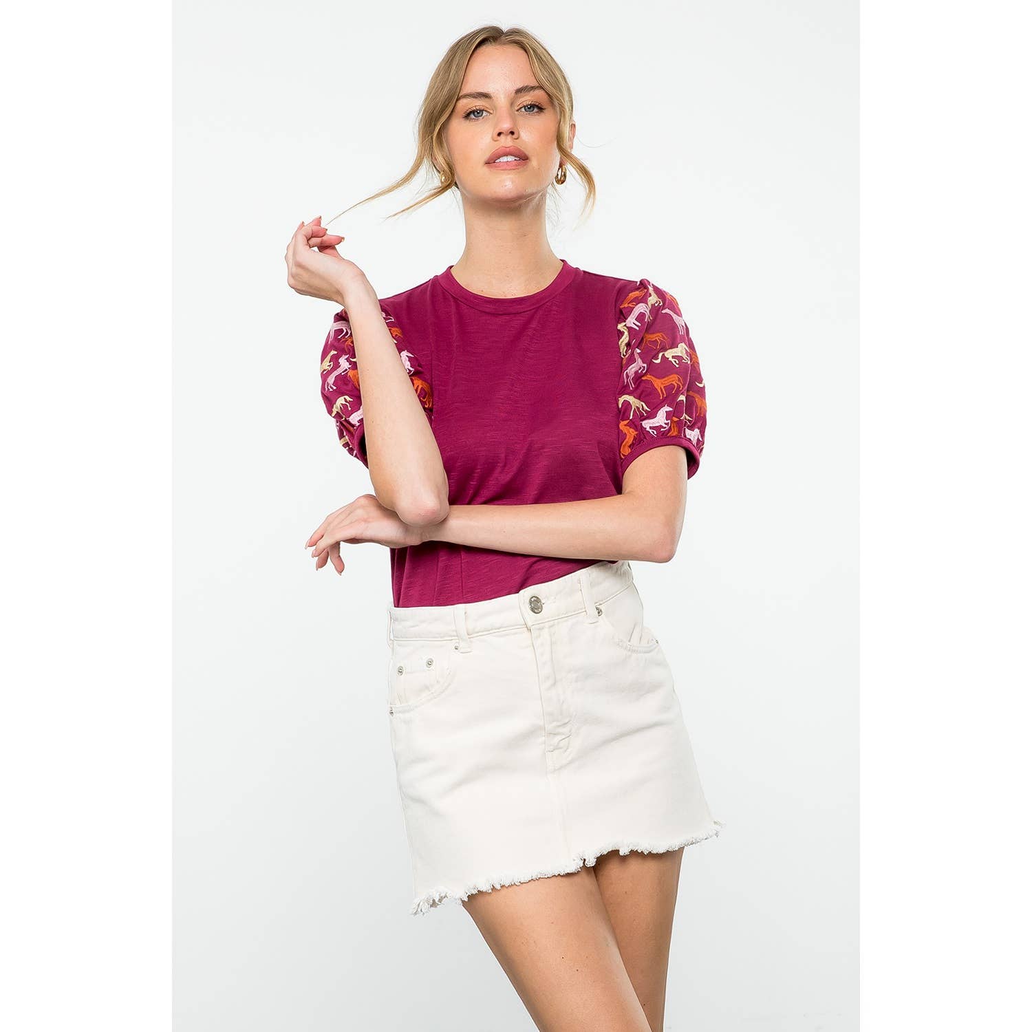 Embroidered Horse Print Top: BURGUNDY / XS-S-M-L(1-2-2-1)