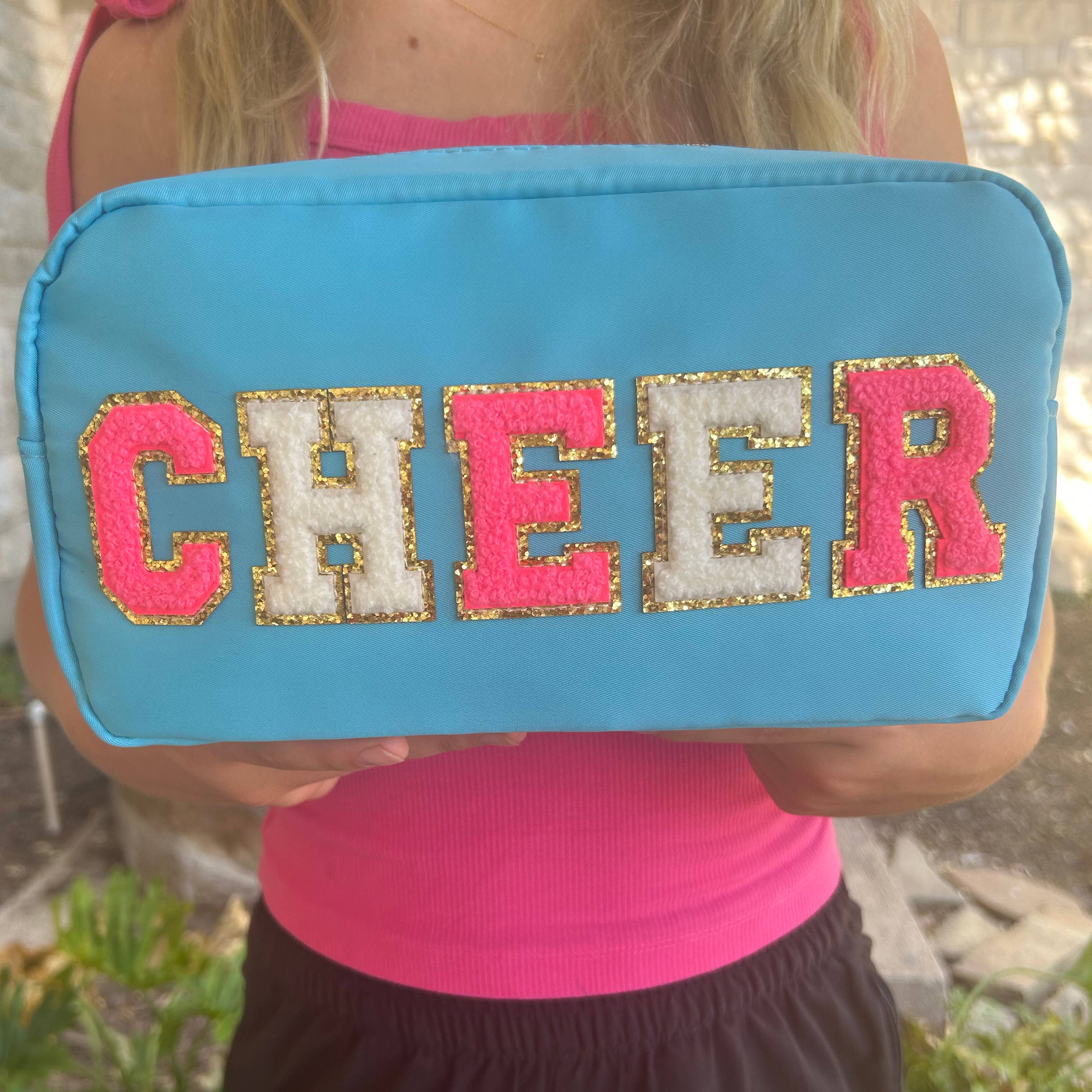 Cosmetic or Toiletry Bag with Varsity Letter Patches: Dark Pink with STUFF