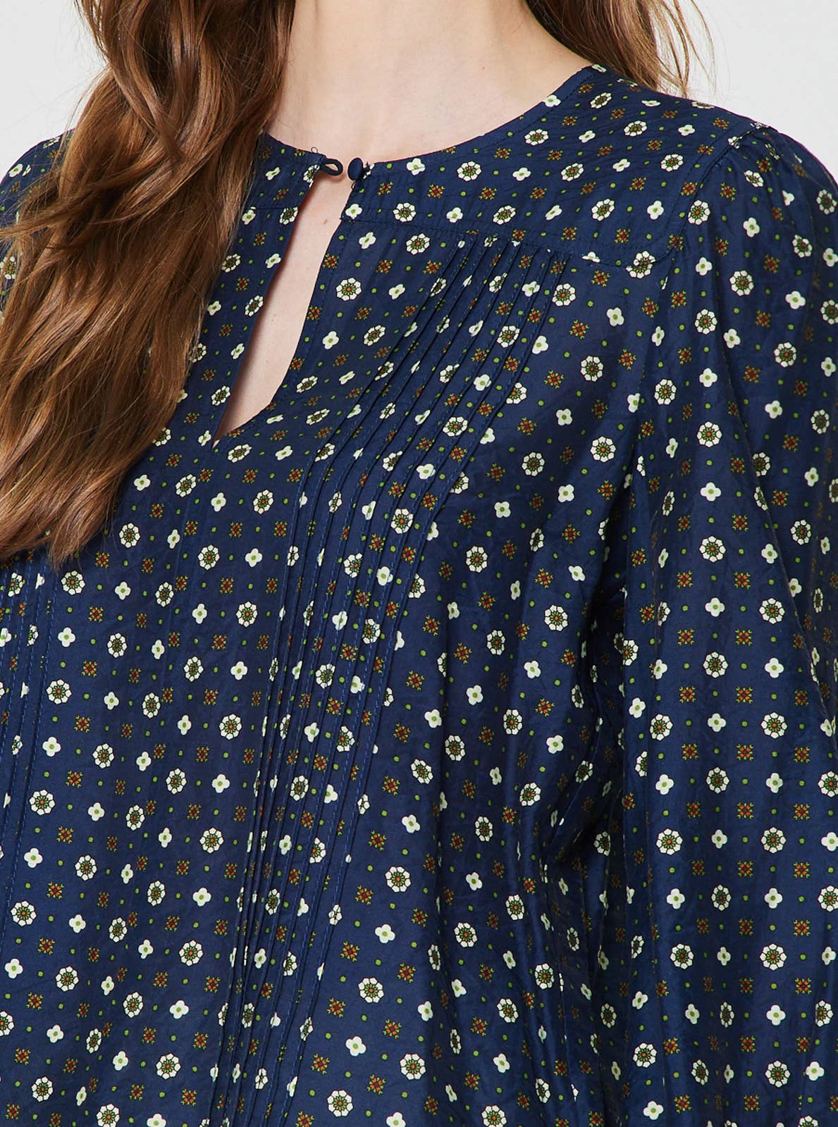 Geo Foulard Print Long Sleeve Blouse: Navy Multi