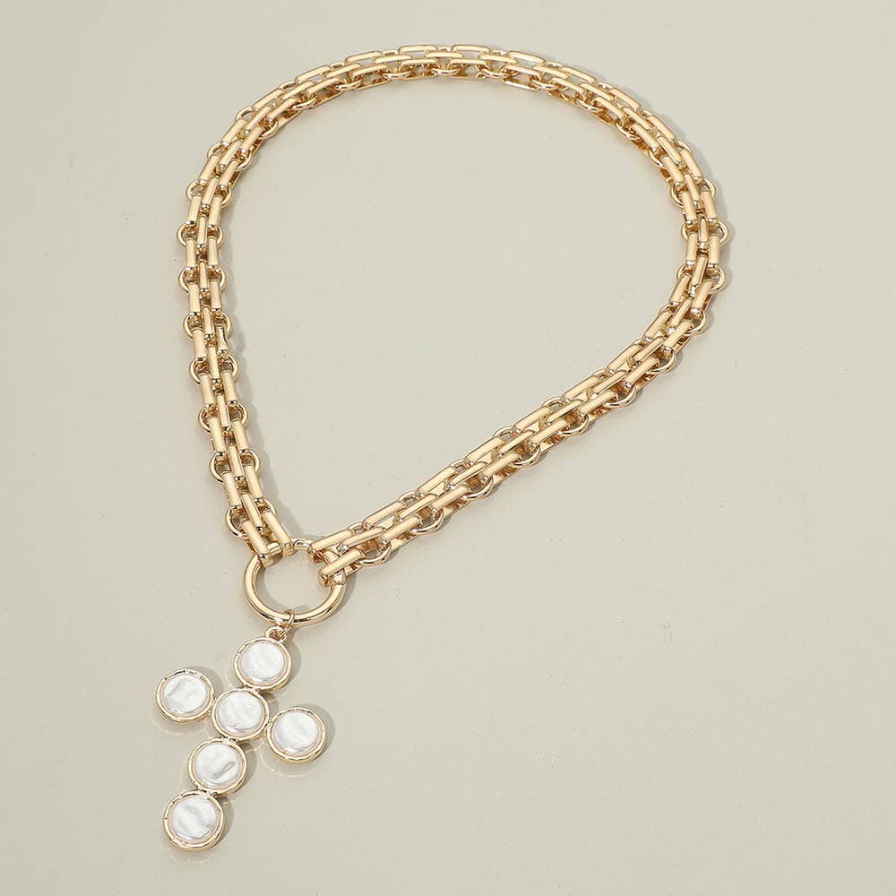 Pearl Cross Charm Pendant Chunky Chain Statement Necklace
