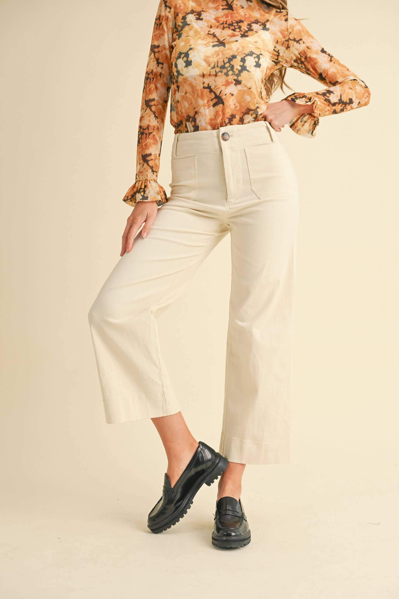 HIGH WAIST CROPPED WIDE LEG PANTS MP3303: Berry Pink / L