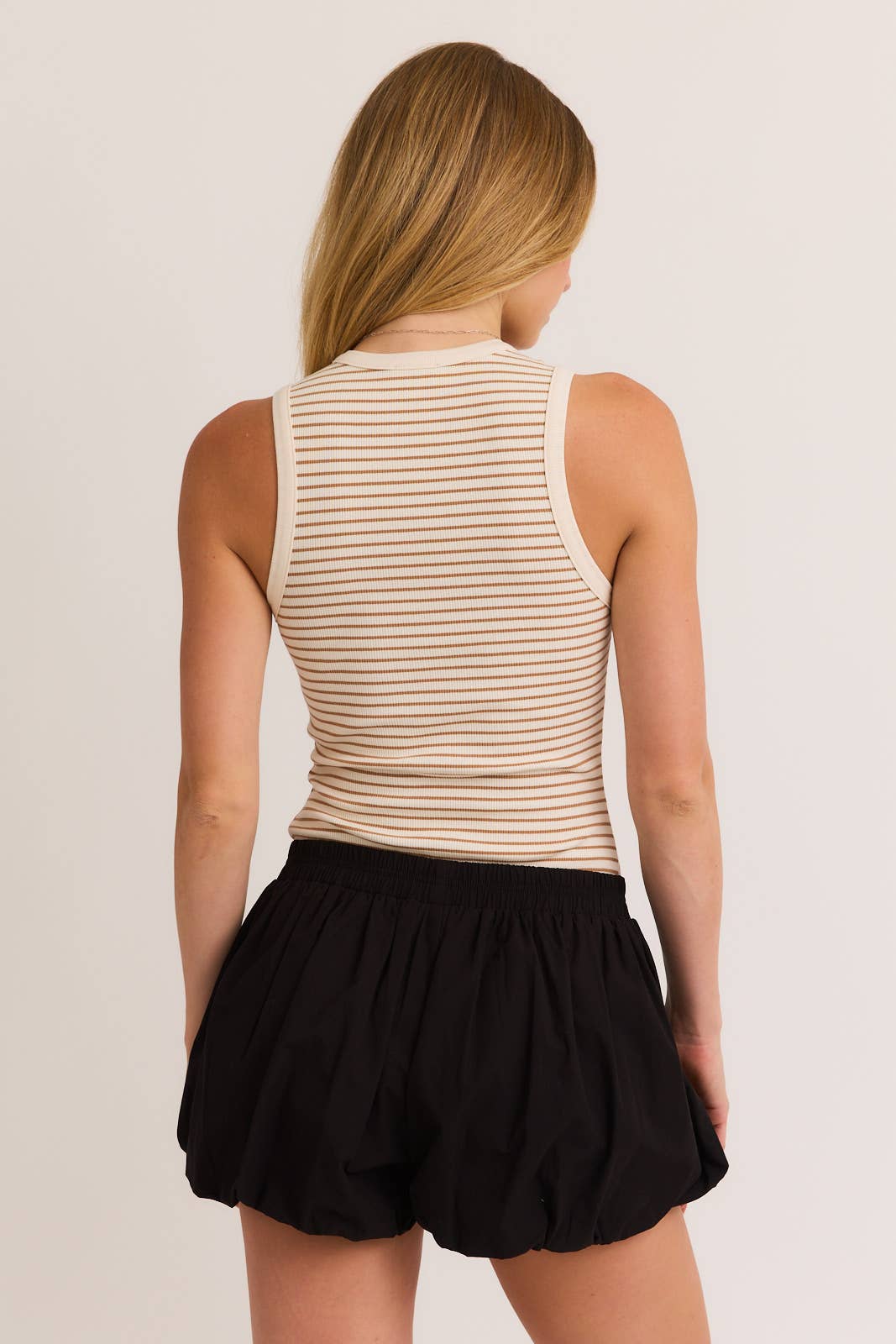ROUND NECK SLEEVELESS STRIPE BODYSUIT: OLIVE-NAVY STRIPE / M