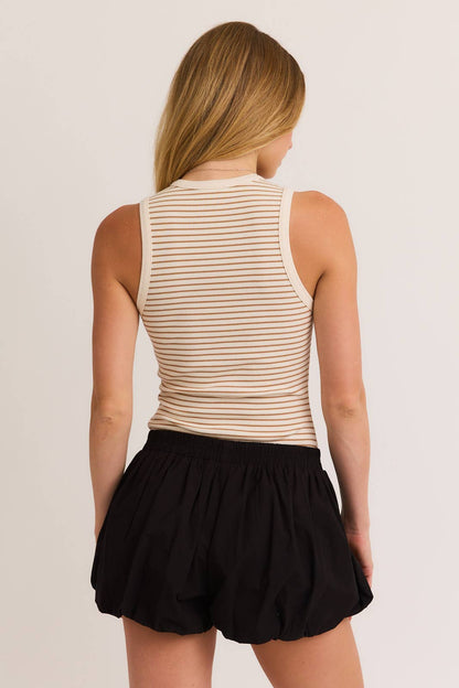 ROUND NECK SLEEVELESS STRIPE BODYSUIT: OLIVE-NAVY STRIPE / M