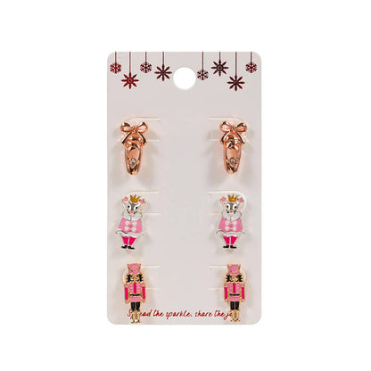 3Pairs - Nutcracker Soldier Mouse King Ballet Shoe Stud Earring Set: Pink