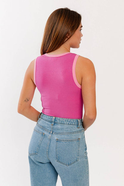 ROUND NECK SLEEVELESS RIBBED COLOR BLOCK BODYSUIT: DK GREEN-NAVY / XS