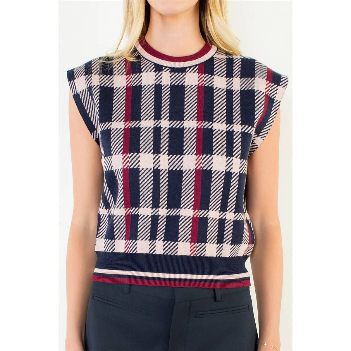 THML Plaid Knit Sweater Vest: NAVY / XS-S-M-L(1-2-2-1)