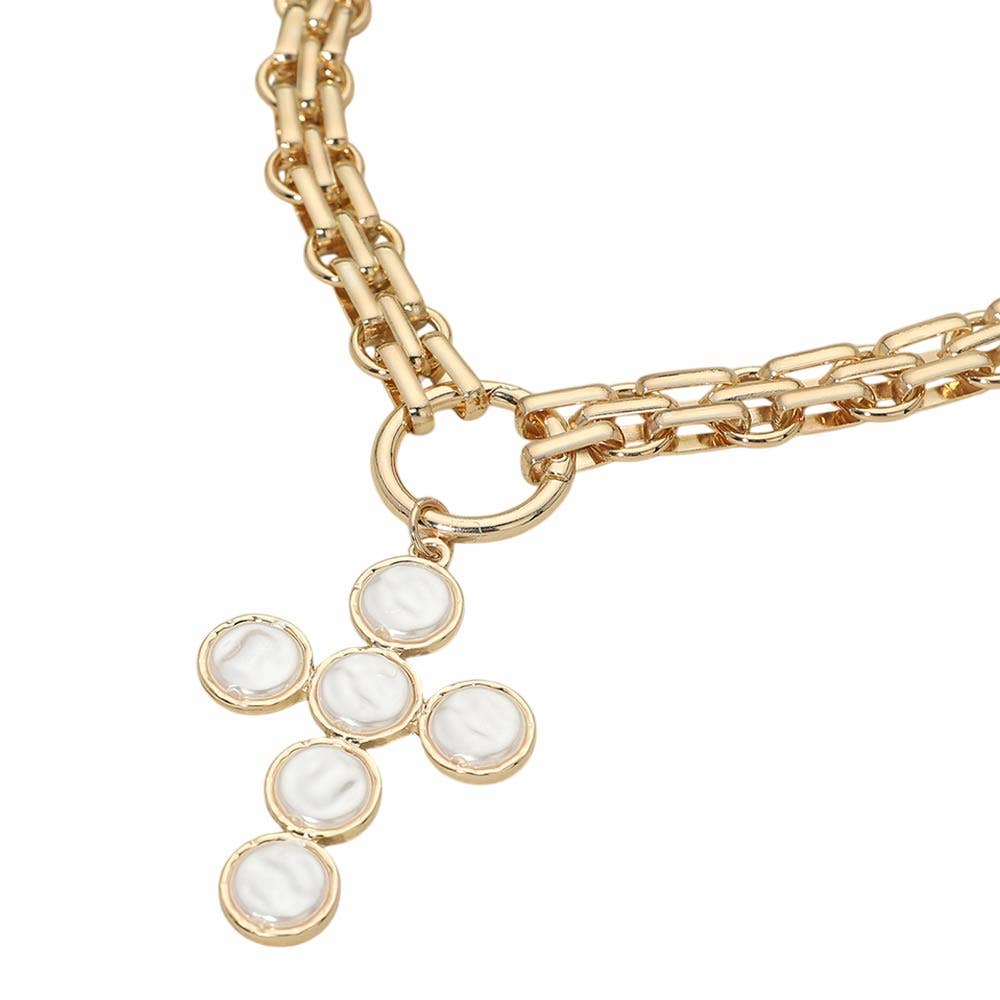 Pearl Cross Charm Pendant Chunky Chain Statement Necklace