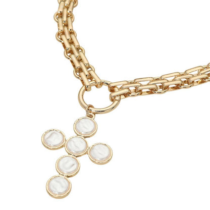 Pearl Cross Charm Pendant Chunky Chain Statement Necklace
