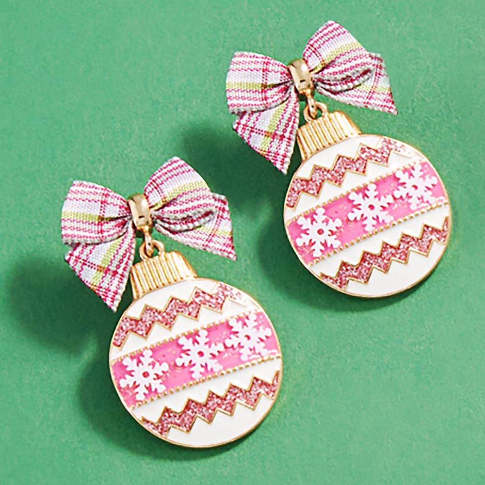 Bow Pointed Enamel Christmas Ornament Dangle Earrings: Pink,White