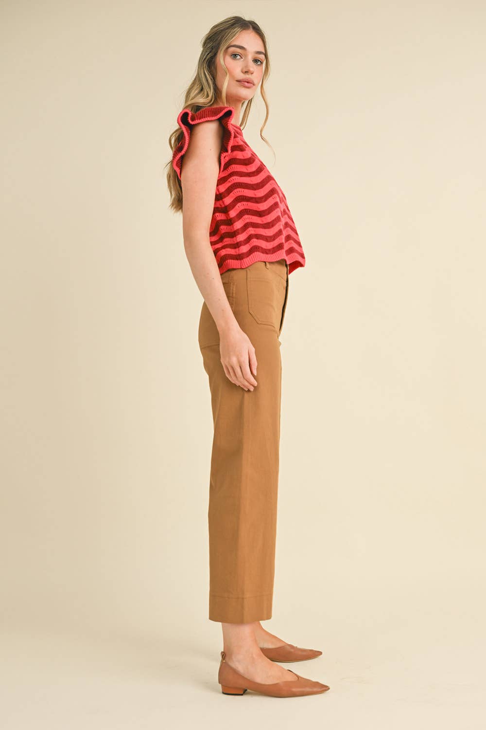HIGH WAIST CROPPED WIDE LEG PANTS MP3303: Berry Pink / L