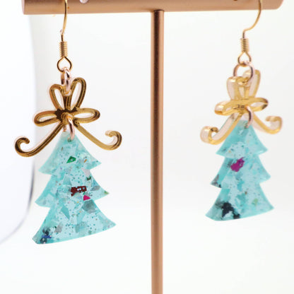 Christmas Tree Dangle Earrings with Glitter and Gold Bow