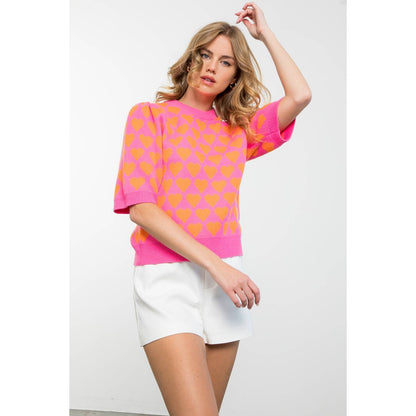 THML Short Sleeve Heart Knit Top: PINK / SMALL