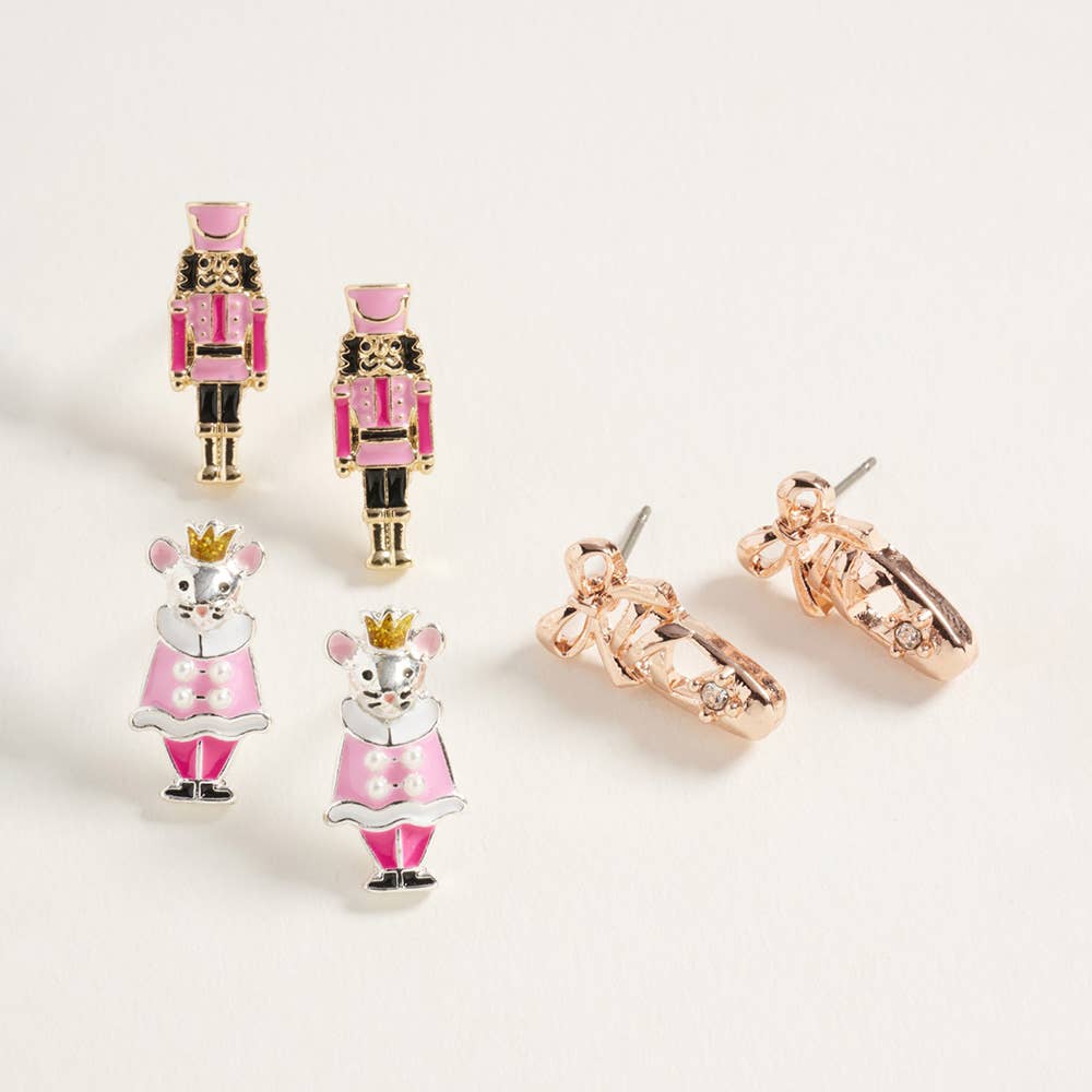 3Pairs - Nutcracker Soldier Mouse King Ballet Shoe Stud Earring Set: Pink