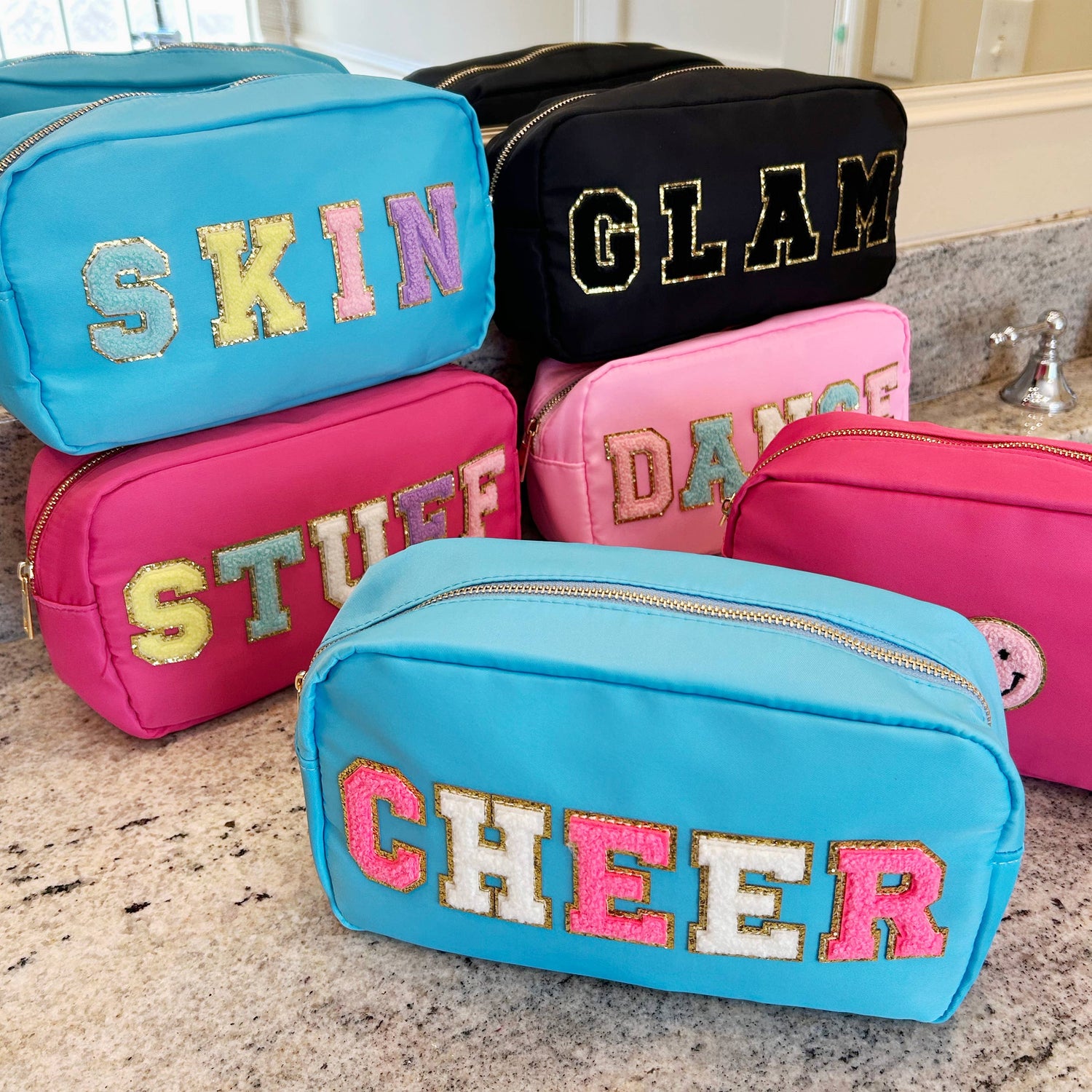 Cosmetic or Toiletry Bag with Varsity Letter Patches: Light Blue with CHEER