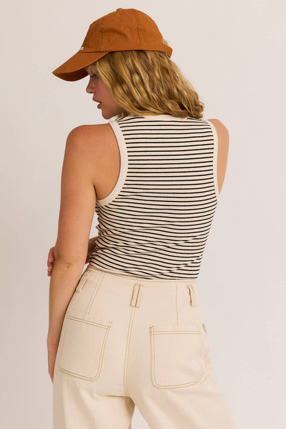 ROUND NECK SLEEVELESS STRIPE BODYSUIT: OLIVE-NAVY STRIPE / S