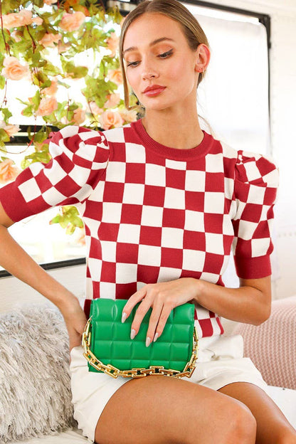 Crew Neck Short Puff Sleeve Checkerboard Sweater Top VT81345: RUST / L