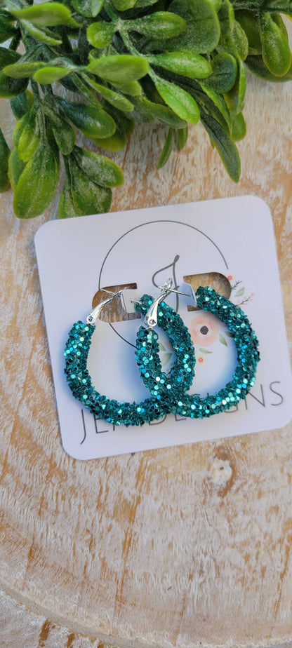 Teal Glitter Hoop Earrings