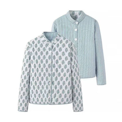 Stylish Reversible Flowers Quilted Jacket: Blue