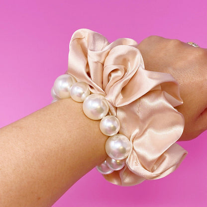 Pearl &amp; Satin Scrunchie Set: Jeweled Pink