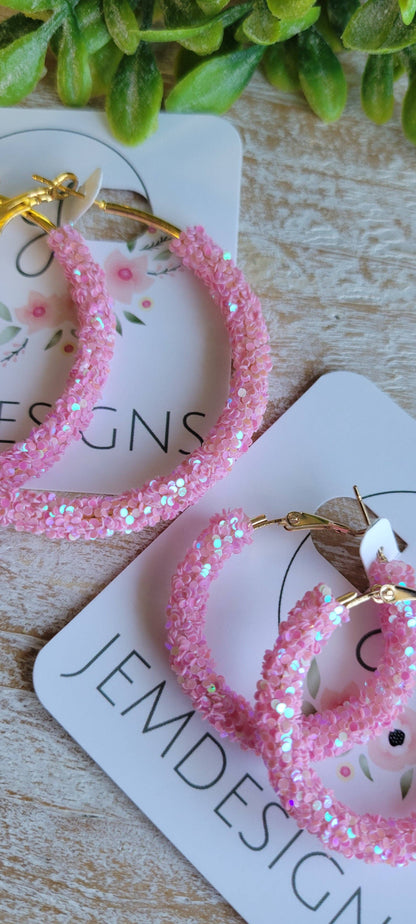 Mauve Pink Glitter Hoop Earrings: Small