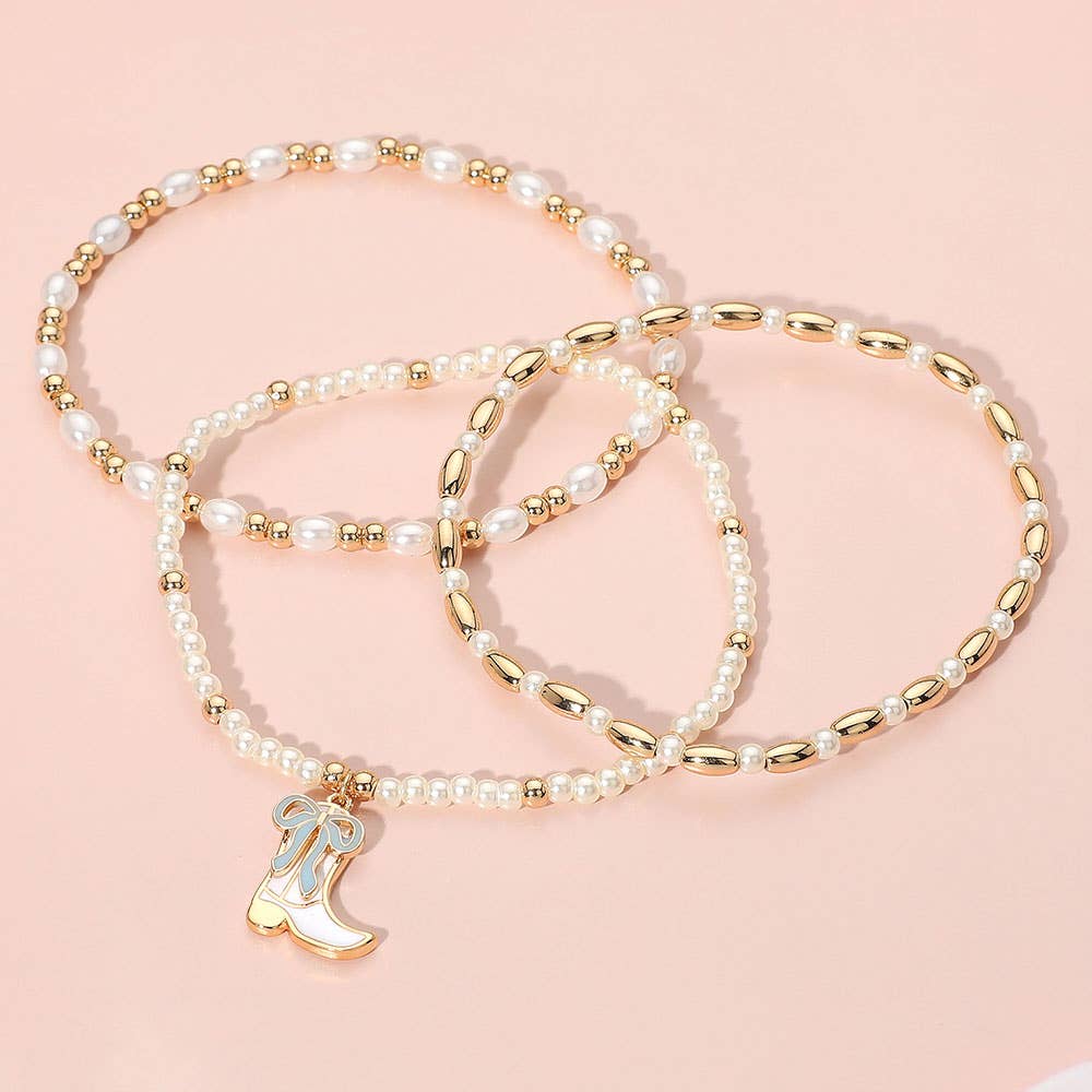 3PCS - Enamel Bow Cowboy Boot Pearl Beaded Multi Layered Bracelet: Gold,Hot Pink