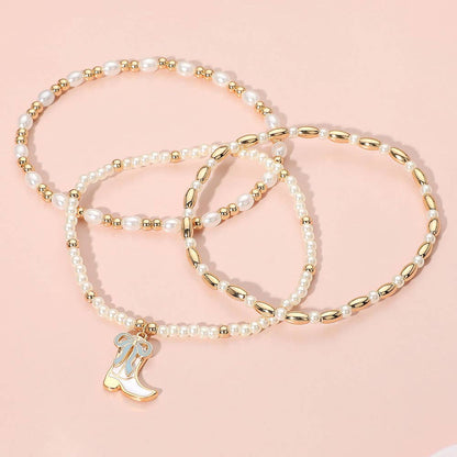 3PCS - Enamel Bow Cowboy Boot Pearl Beaded Multi Layered Bracelet: Gold,Hot Pink