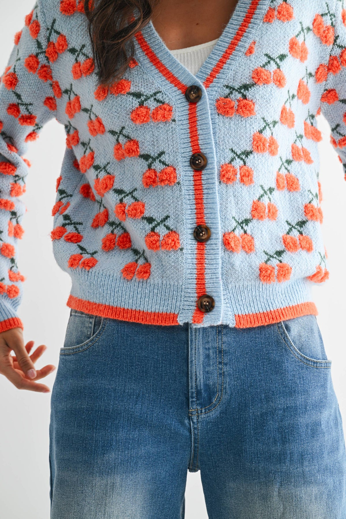 CJW26348 CHERRY KNIT WOOL CARDIGAN: LT.BLUE/ORANGE MULTI / S-M-L (3-2-1)