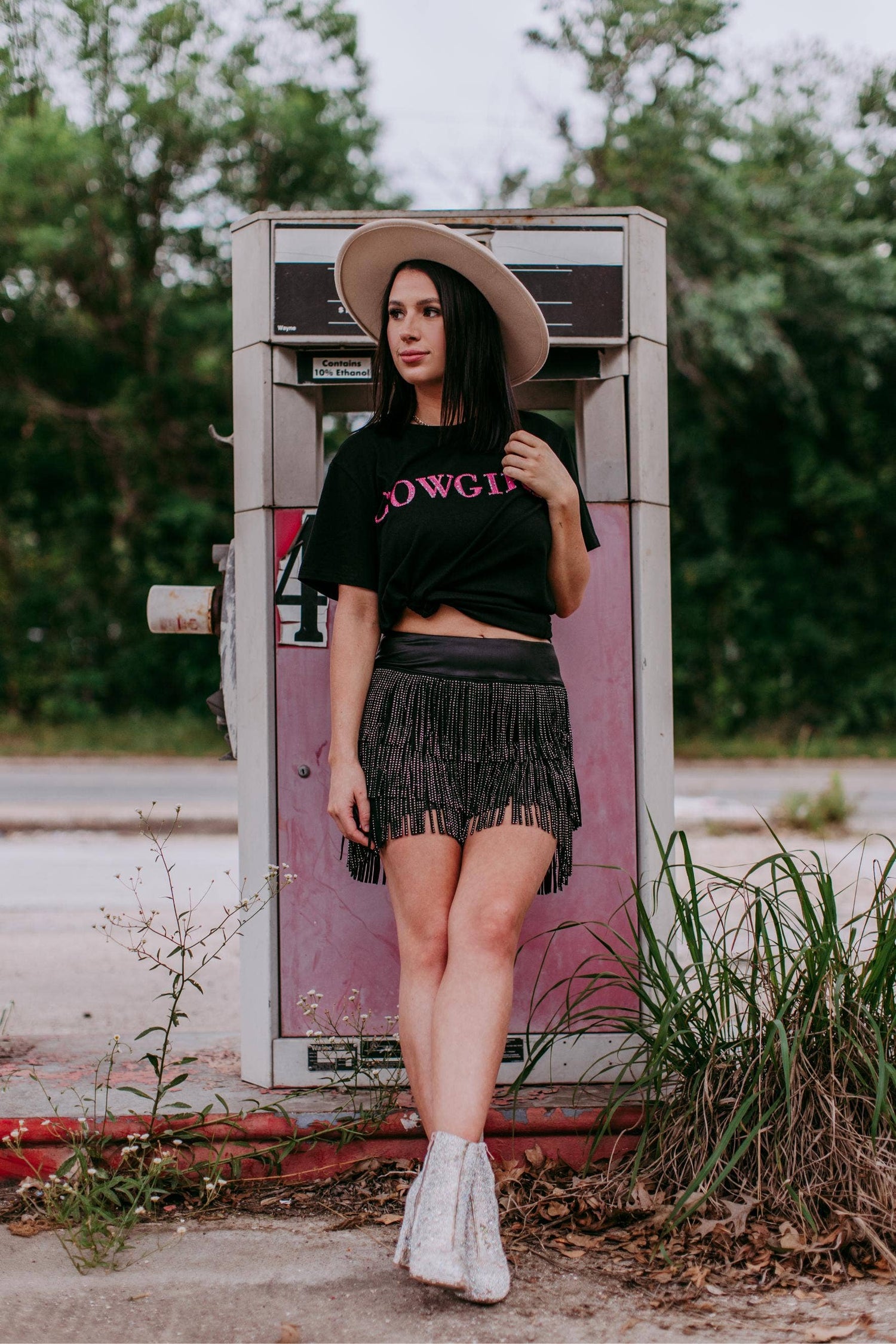 Cowgirl 3D Pink Sequin Embroidered Tee: Black