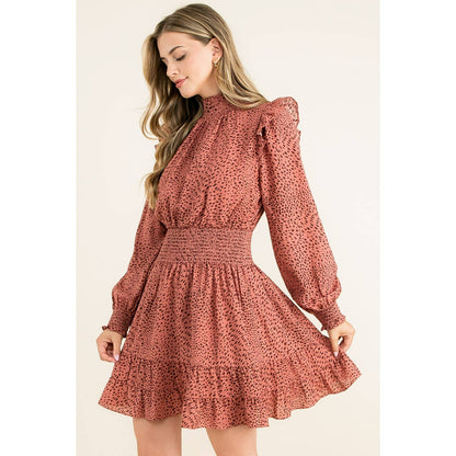 Smock Neck Ruffle Dress: MAUVE / S