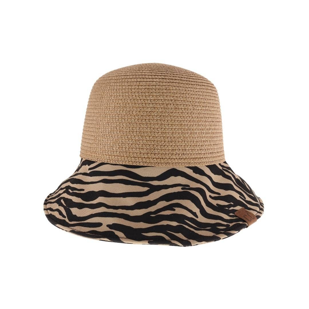 Zebra Print Straw Cloche C.C Sun Hat: Dk. Natural