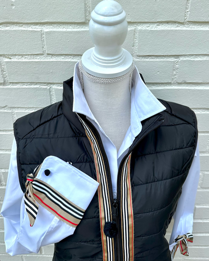 Maggie May Puffer Vest - Black w Kayla Khaki Stripe: Black w Kayla Khaki Stripe Ribbon / M