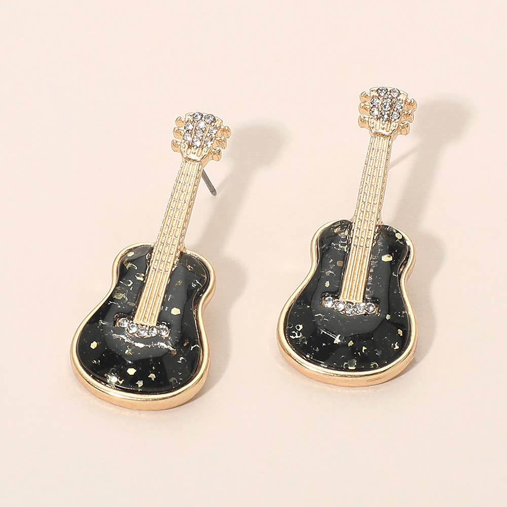 Glittered Guitar Earrings: Black,Gold