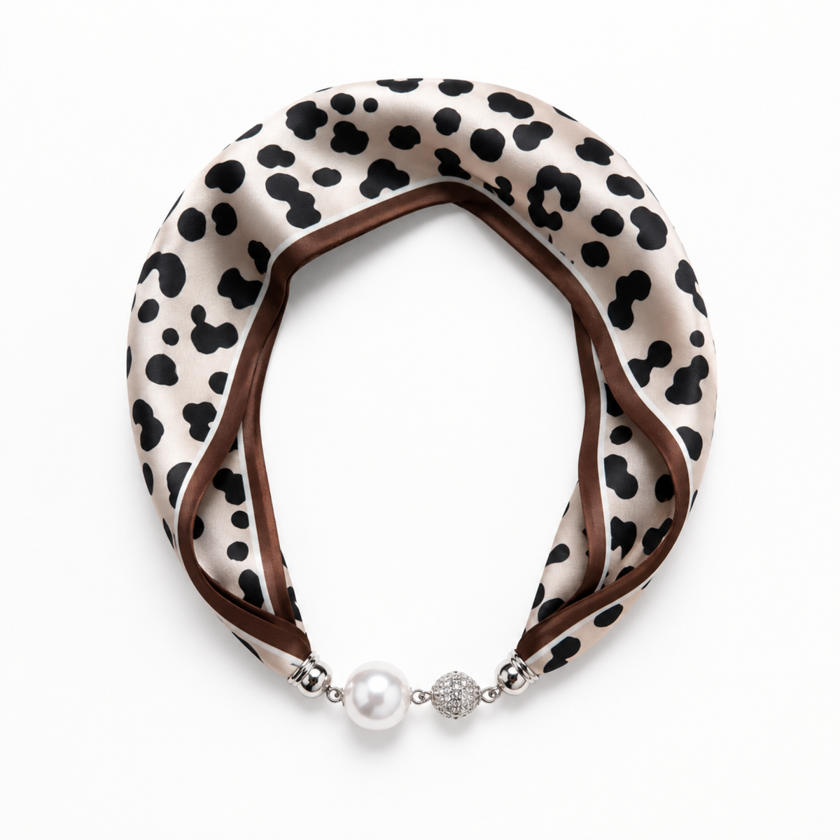 Ellison+Young Satin Twilly Scarf Necklace with Jeweled Magnetic Clasp: Blue Chain Print