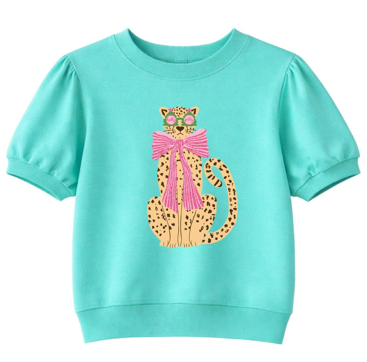 Glitter Print Cheetah on Puff Sleeve Tee, Mint: Mint / XL