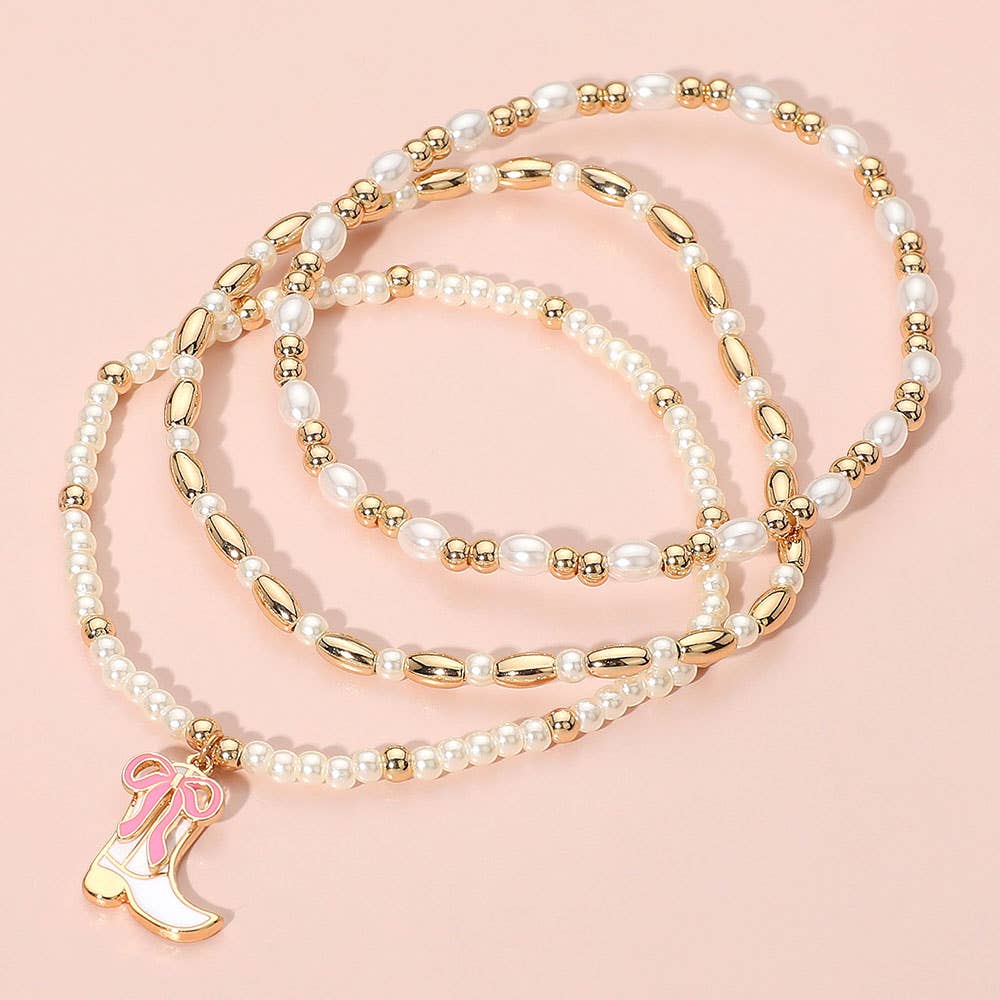 3PCS - Enamel Bow Cowboy Boot Pearl Beaded Multi Layered Bracelet: Gold,Hot Pink