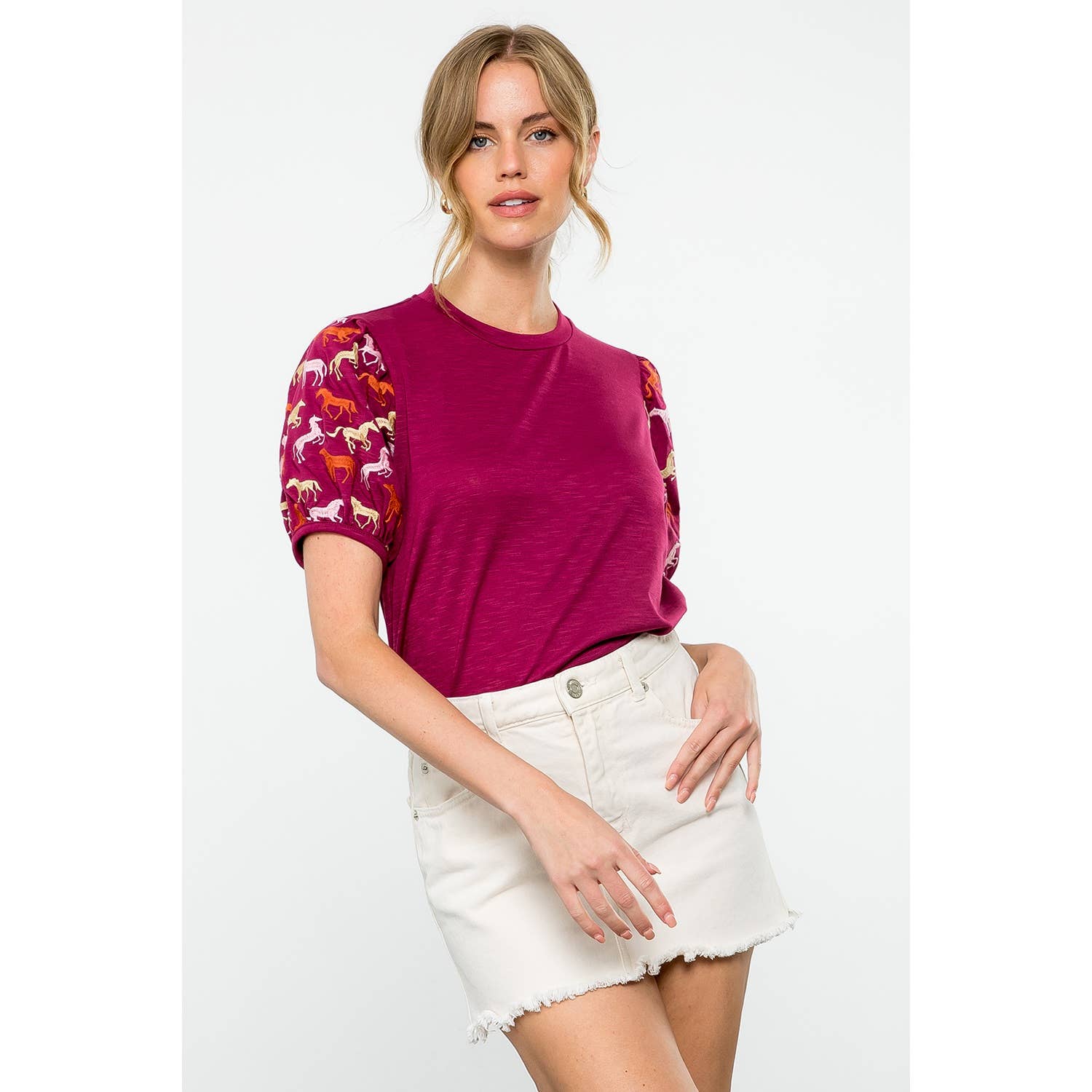 Embroidered Horse Print Top: BURGUNDY / XS-S-M-L(1-2-2-1)
