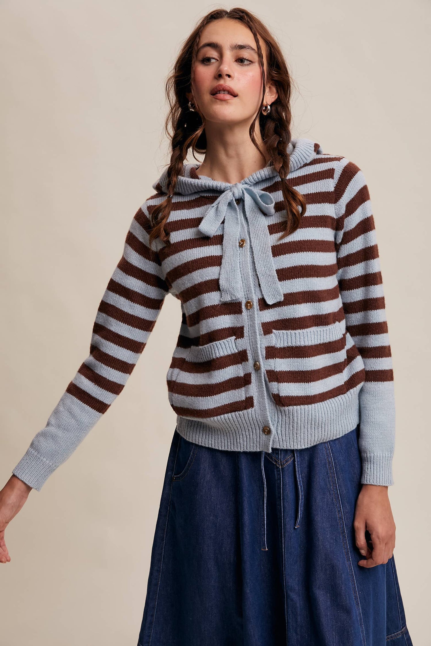 Striped Knit Hoodie Cardigan