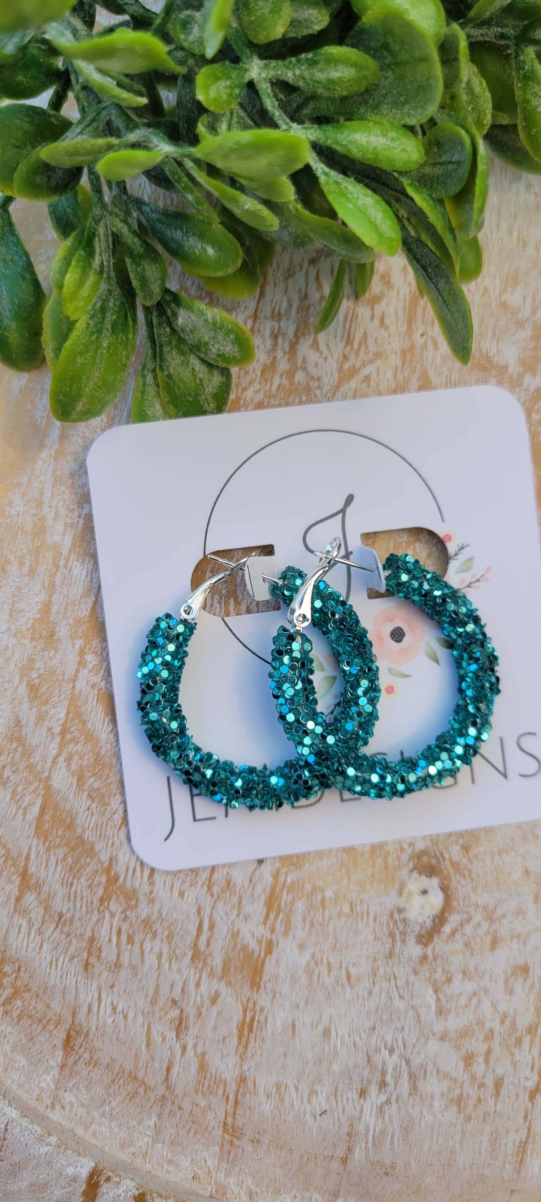 Teal Glitter Hoop Earrings