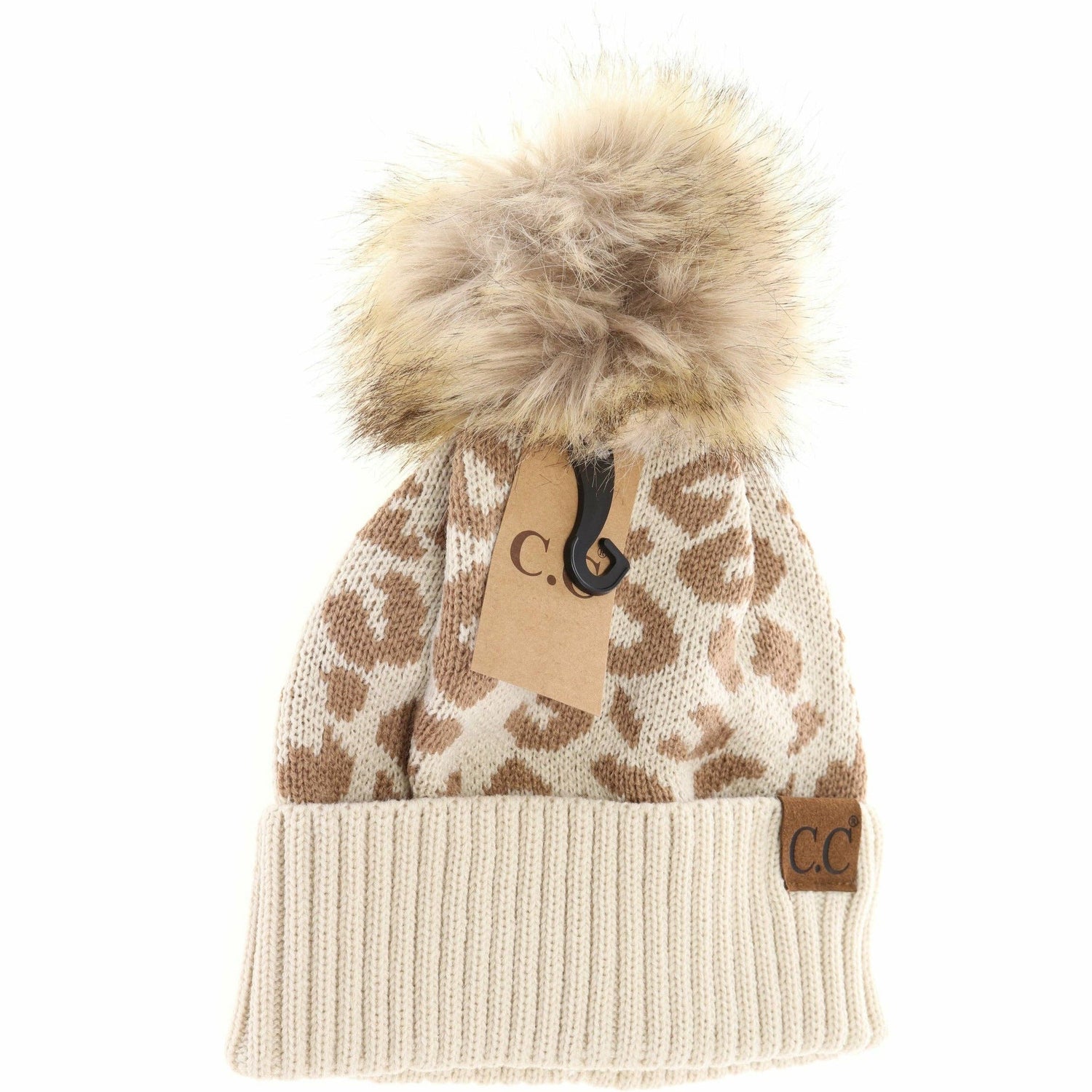 Leopard Pattern Fur Pom Beanie  Beige