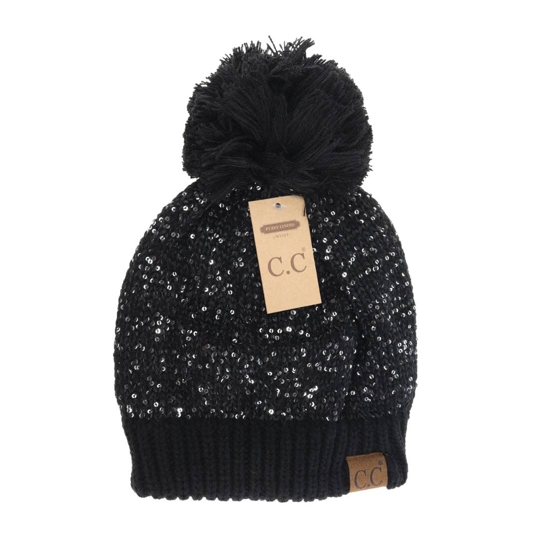 Fuzzy Lined Scatter Sequin Pom C.C Beanie HTE0034: Black/Silver