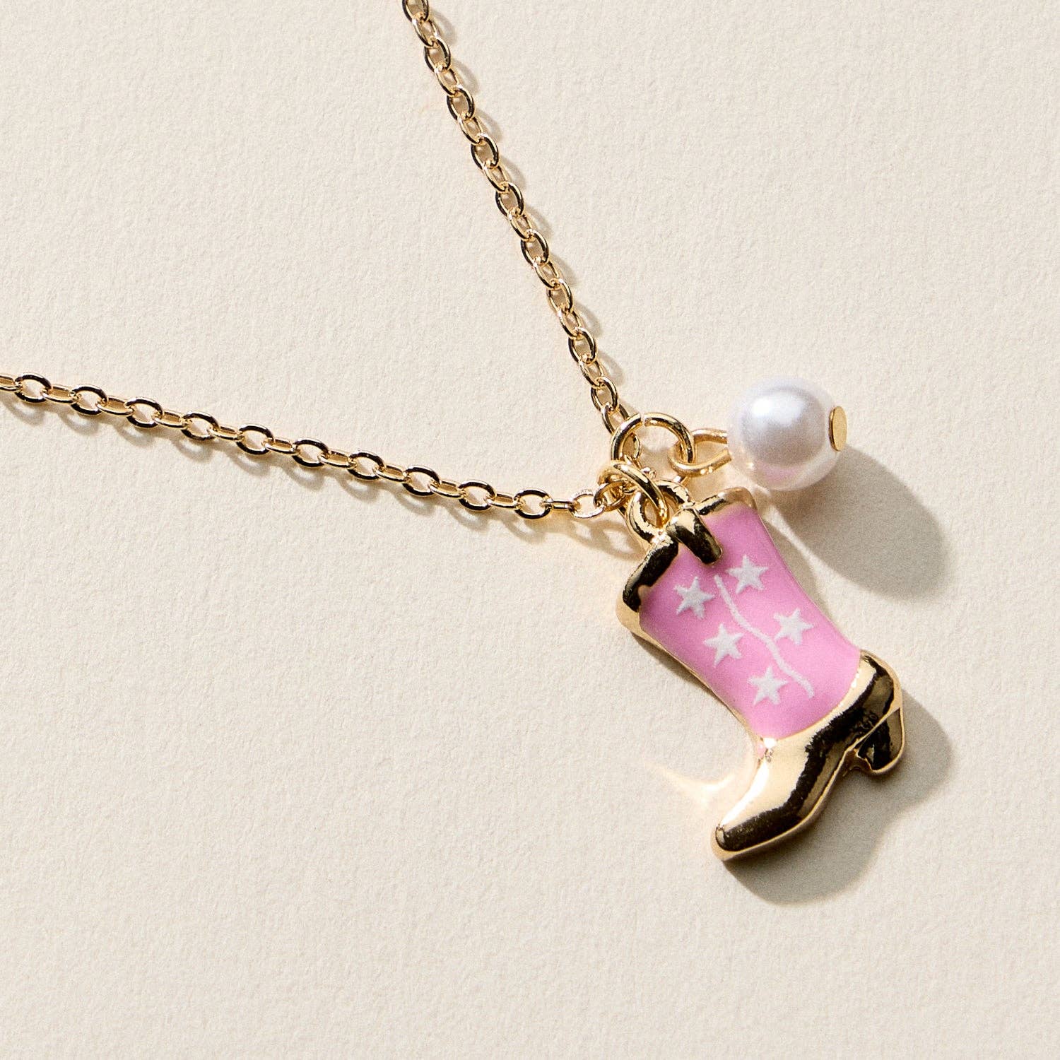 Necklace – Cowboy Boot Pendant with Printed Detail &amp; Pearl Accent: PINK