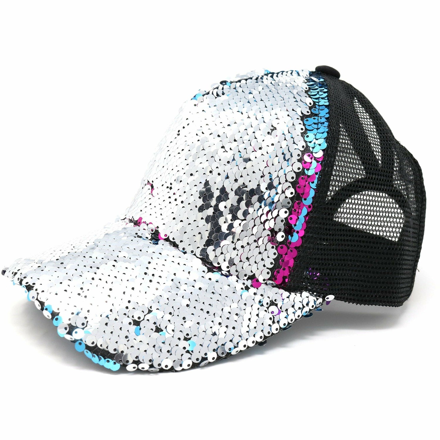 Sequin Mesh Back High Ponytail CC Ball Cap BT723: Rose/Teal/Rose