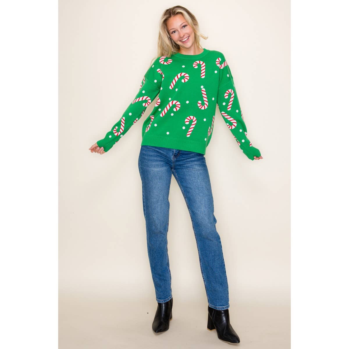 CHRISTMAS CANDY CANE SWEATER: GREEN / S-M-L-XL(2-2-2-1)